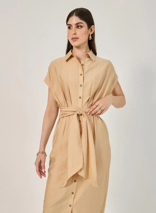 Styli Belted Linen Midi Dress