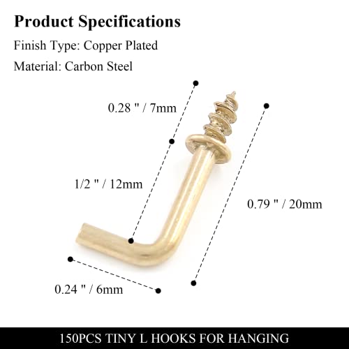 Bivethoi 150pcs Tiny L Hooks for Hanging, Mini Right Angle Screw Hooks 1/2 Inch Square Bend Hooks, Gold L Shaped Hooks 90 Degree Screw Hooks, 7 Shape Hook Self Tapping Screw Hooks Metal Screw in Hooks - Image 2