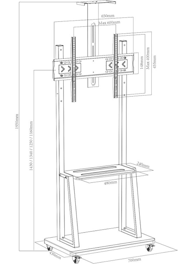 Rolling/Mobile TV Cart with Wheels – Adjustable Height Floor Stand with Shelf – Fits 32–65 Inch LCD/LED/4K TVs – Supports up to 100 lbs – Max VESA 600x400 - Image 4