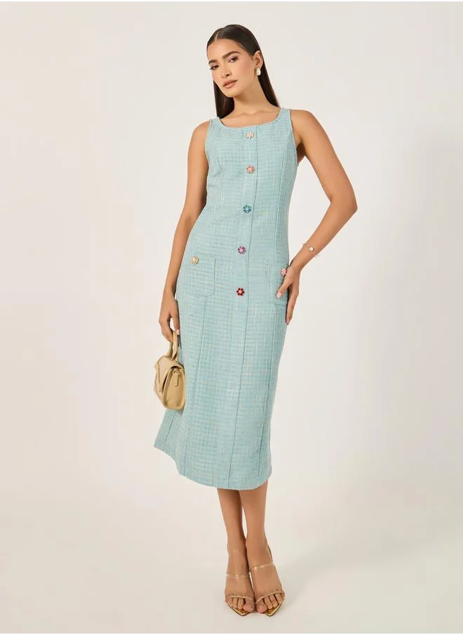 ستايلي Tweed Sleeveless A-Line Midi Dress with Button Detail