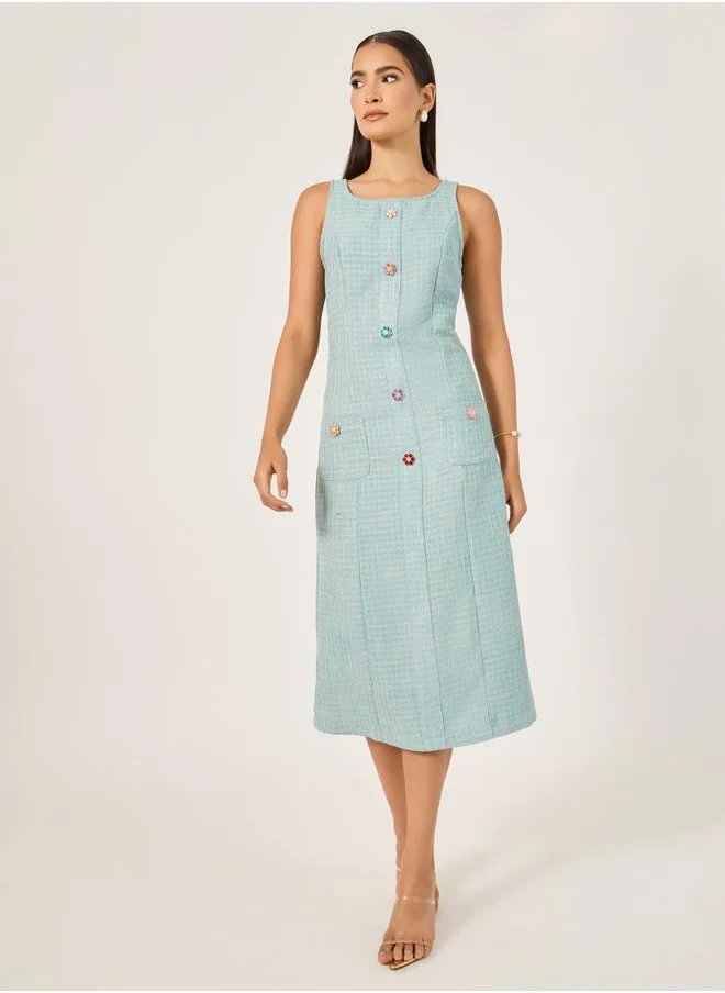 Styli Tweed Sleeveless A-Line Midi Dress with Button Detail