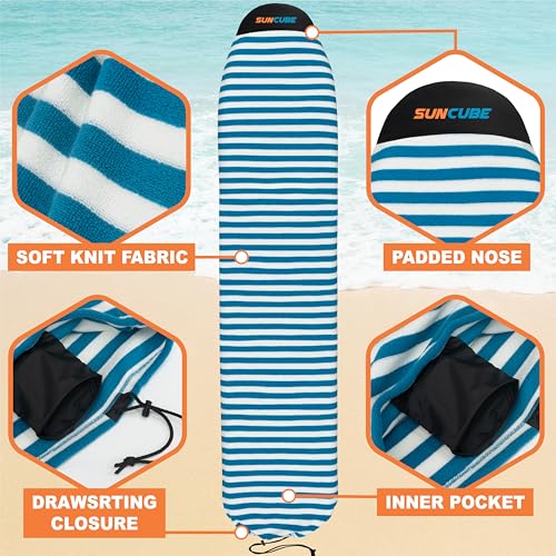 Suncube SUN CUBE Surfboard Sock Cover, Protective Surf Bag for Surfing Board, Light Stretchy Surfbag Sleeve for Funboard, Hybrid (9'6'', Blue White) - Image 2