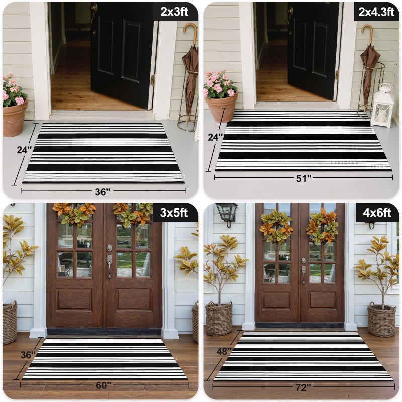 OJIA Black & White Outdoor Rug 3x5 Cotton Hand-Woven Striped Porch Rugs Machine Washable Entryway Rug Indoor Outdoor Area Rug Front Door Rug Floor Mat for Farmhouse/Living Room/Home Entrance - Image 4