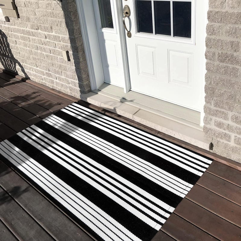 OJIA Black & White Outdoor Rug 3x5 Cotton Hand-Woven Striped Porch Rugs Machine Washable Entryway Rug Indoor Outdoor Area Rug Front Door Rug Floor Mat for Farmhouse/Living Room/Home Entrance - Image 5
