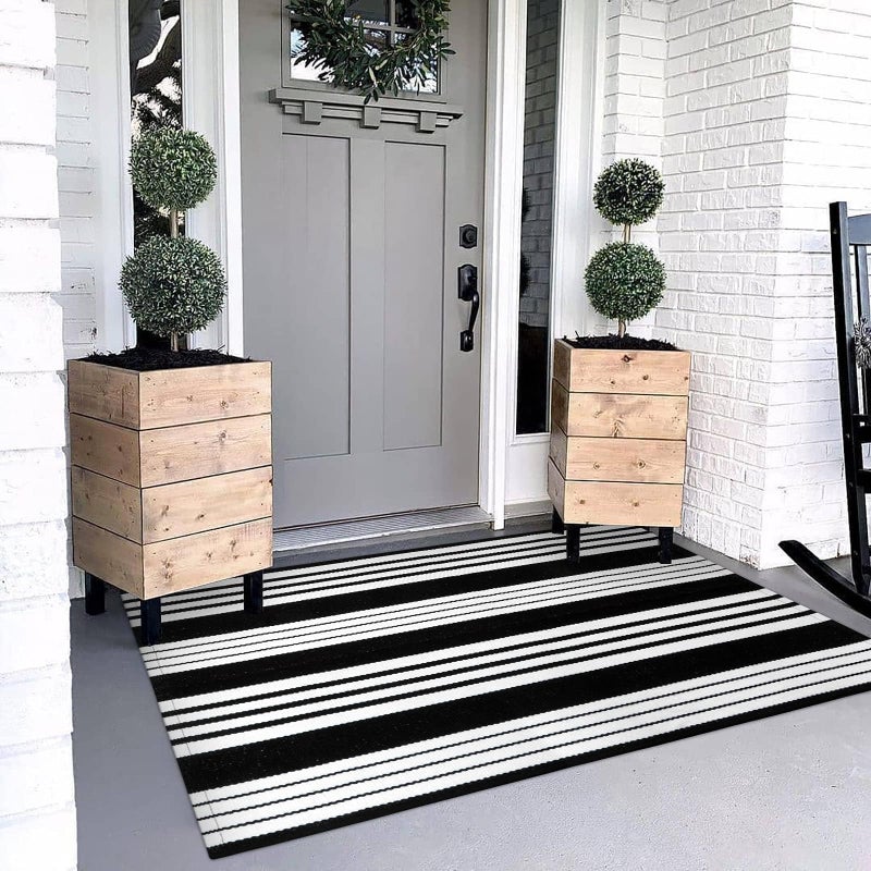 OJIA Black & White Outdoor Rug 3x5 Cotton Hand-Woven Striped Porch Rugs Machine Washable Entryway Rug Indoor Outdoor Area Rug Front Door Rug Floor Mat for Farmhouse/Living Room/Home Entrance - Image 1
