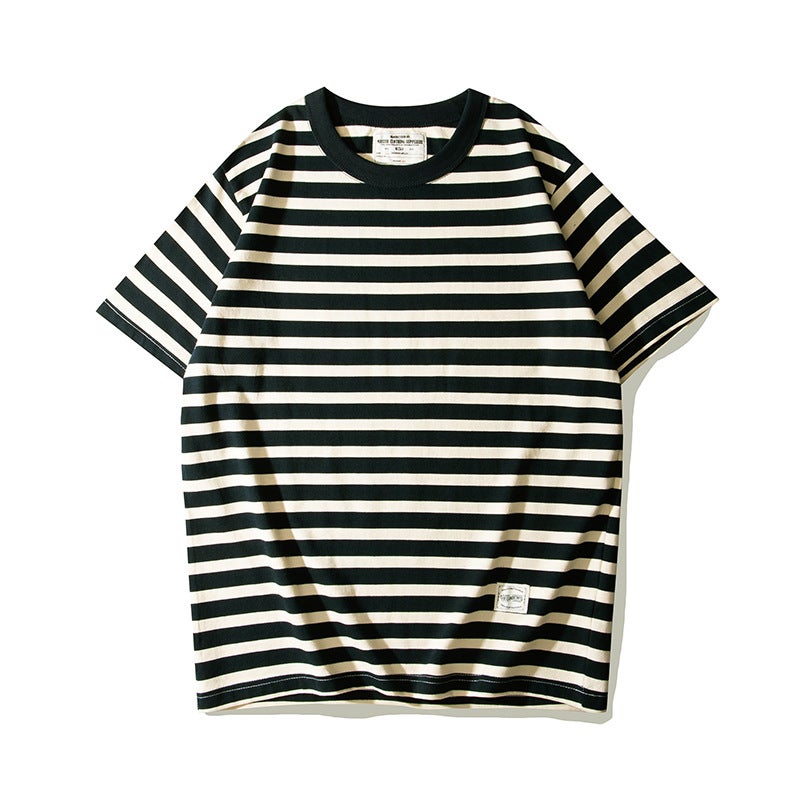 Okonkwo Ami Khaki 230G Thick Heavy Round Neck T-Shirt Sea Soul Shirt Retro Stripesd Short-Sleeved T-Shirt - Image 1