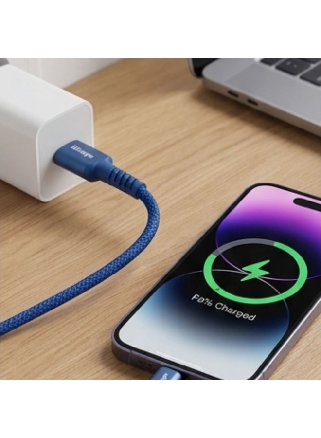 هيتيج كابل Hitage WB-582 (USB Type-C إلى Lightning) لنقل البيانات والشحن السريع، يدعم تقنية الشحن السريع PD بقوة 20 واط، كابل مجدول مقاوم للثني، مزامنة بيانات عالية السرعة، اللون أزرق. - Image 3