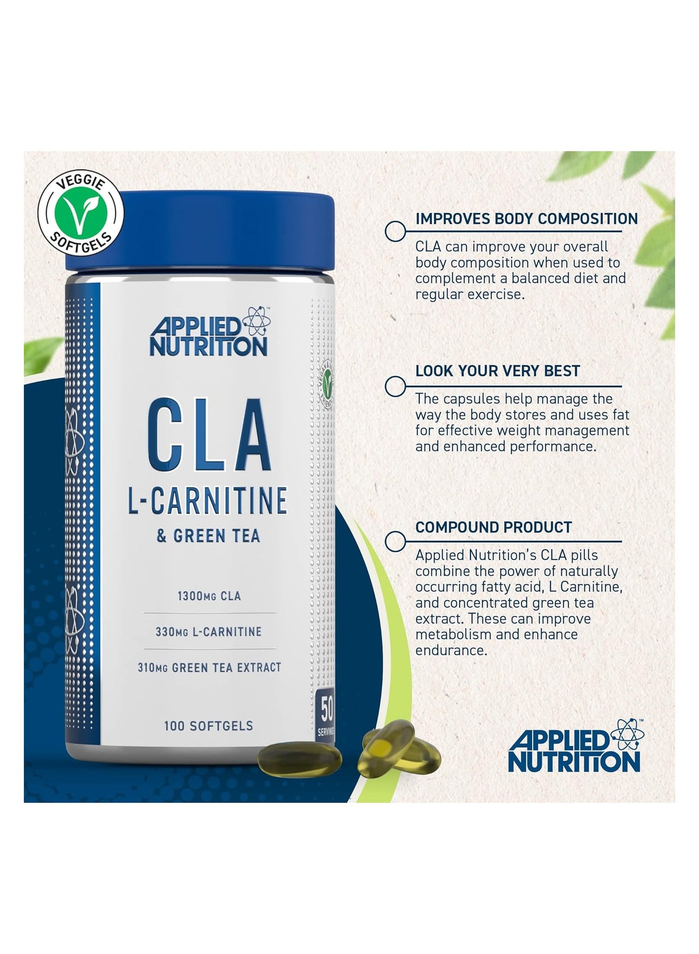 Applied Nutrition Applied Nutrition Cla L-Carnitine & Green Tea, 100 Softgels, 50 Servings | Best Price Qatar