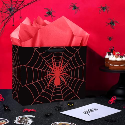 Yomaiha Black Spider Birthday Gift Bag Spider Party Paper Bags with Handles Tissue Paper and Card Red Spider Webs Wrapping Bag Spider Party Decorations for Boys Men Birthday Supplies - Image 3