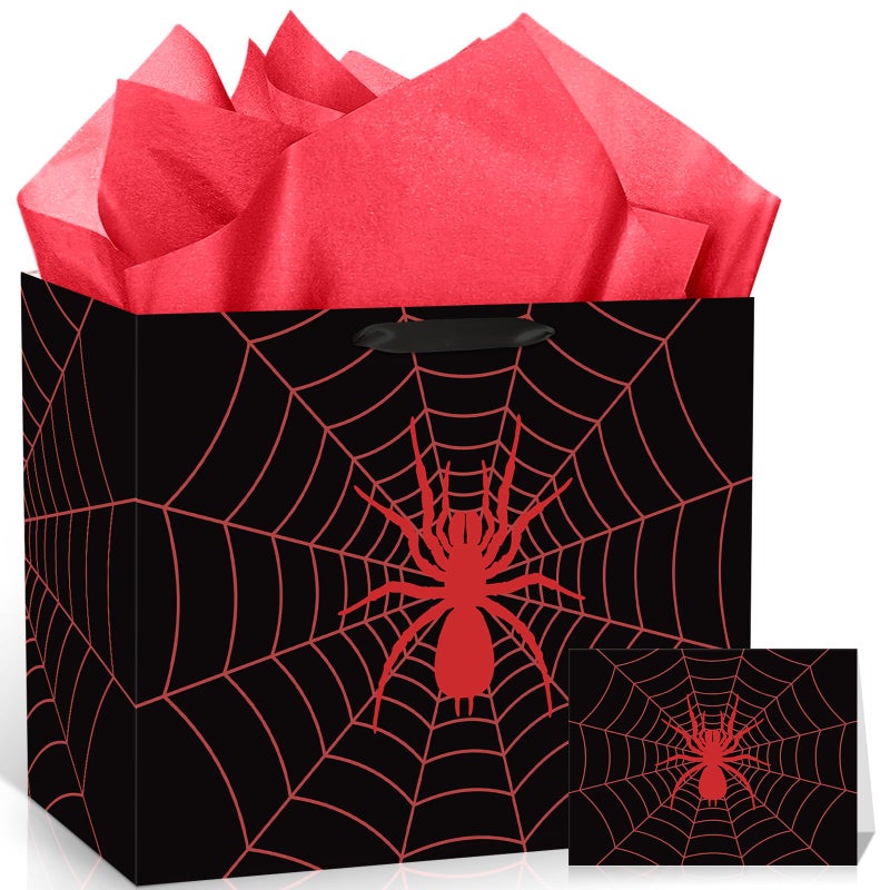 Yomaiha Black Spider Birthday Gift Bag Spider Party Paper Bags with Handles Tissue Paper and Card Red Spider Webs Wrapping Bag Spider Party Decorations for Boys Men Birthday Supplies - Image 2