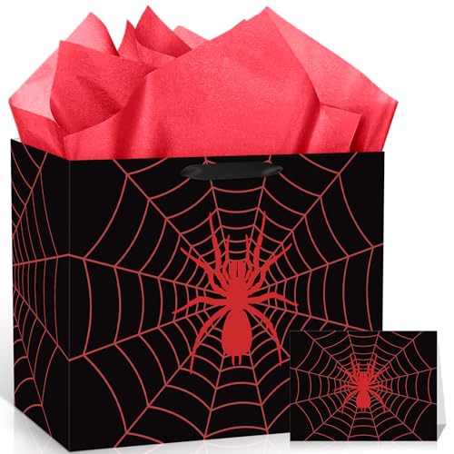 Yomaiha Black Spider Birthday Gift Bag Spider Party Paper Bags with Handles Tissue Paper and Card Red Spider Webs Wrapping Bag Spider Party Decorations for Boys Men Birthday Supplies - Image 1