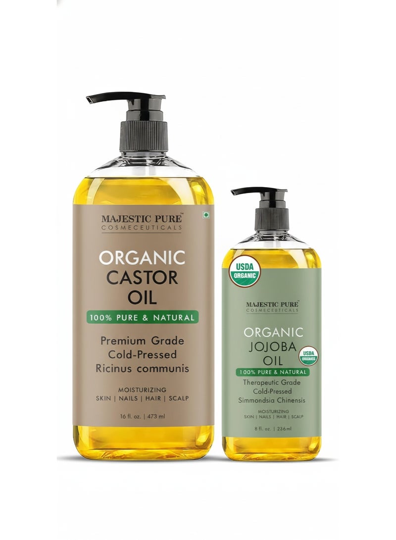 Majestic Pure Pack of 2 Organic Castor Oil 473 ML Large  Cold Pressed & 100% Pure and Organic Jojoba Oil 236 ML Large | 100% Pure Jojoba Oil Organic for Skin, Hair, Scalp, Nails, Face - Image 1