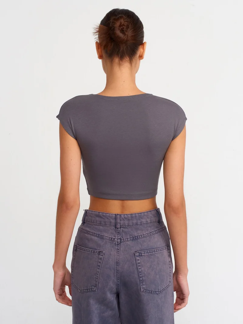 ديلفين Dilvin 30528 Cotton and Modal Blend Crop Top-Smoked