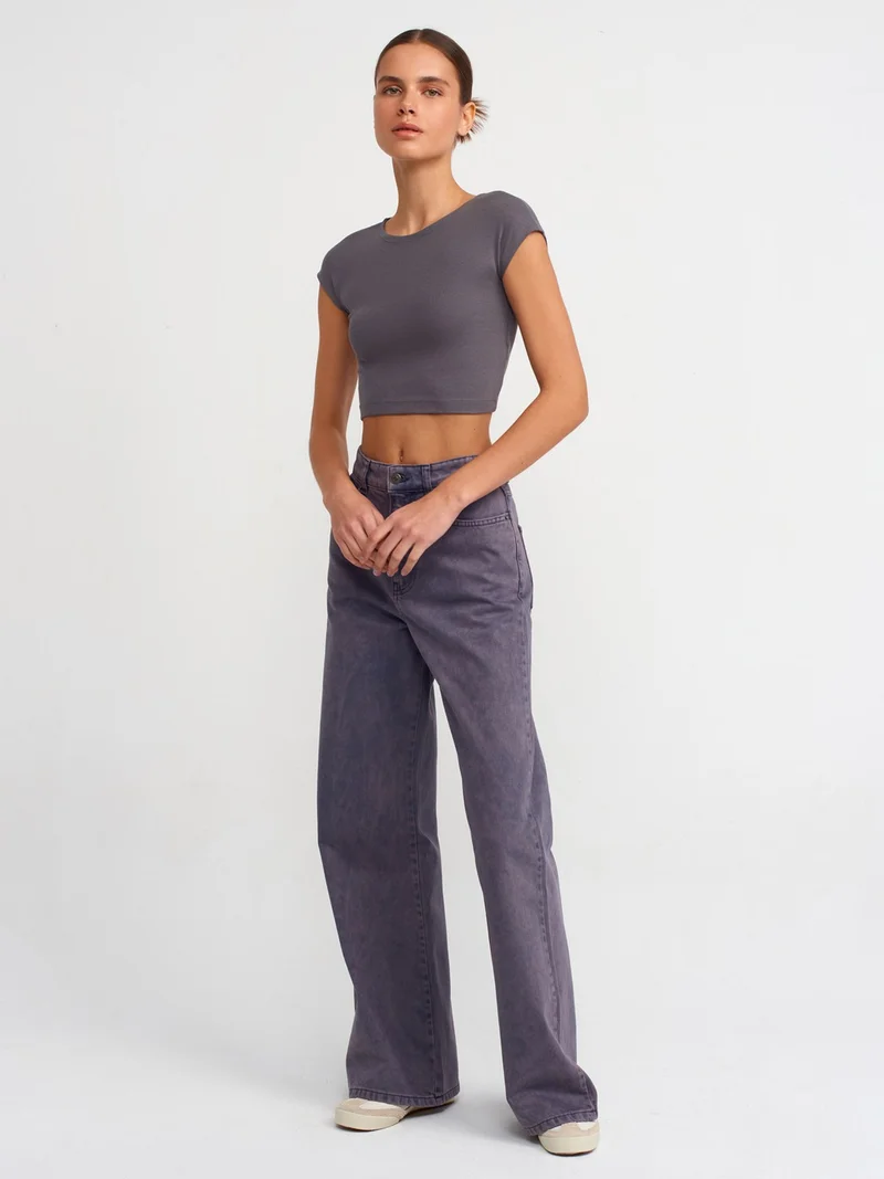 ديلفين Dilvin 30528 Cotton and Modal Blend Crop Top-Smoked