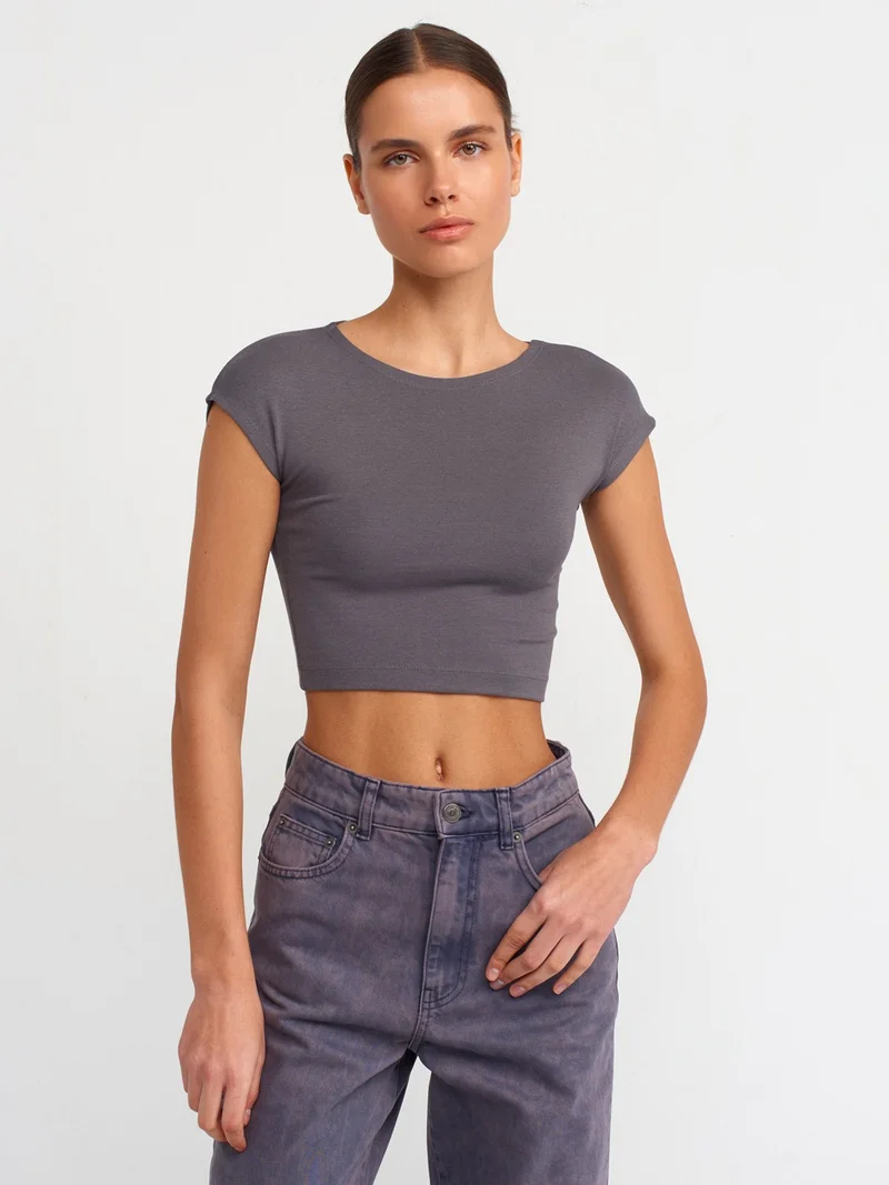 ديلفين Dilvin 30528 Cotton and Modal Blend Crop Top-Smoked