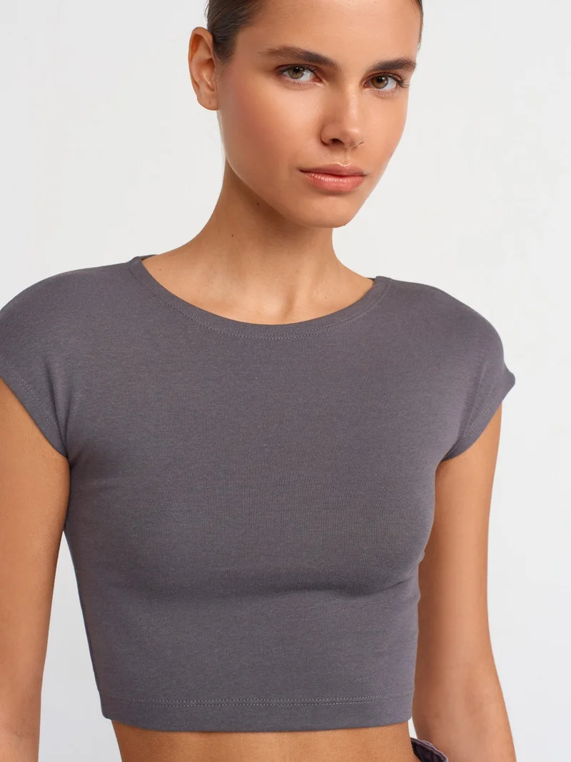 ديلفين Dilvin 30528 Cotton and Modal Blend Crop Top-Smoked