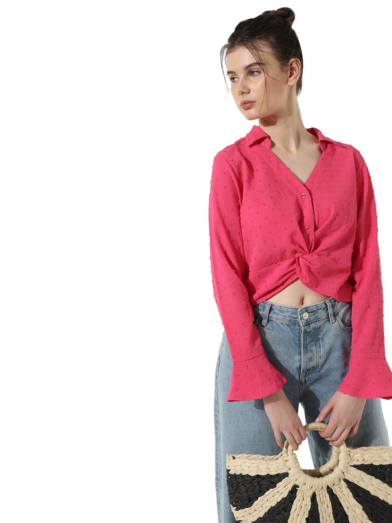 ONLY Women Self Design Polyester Crop Length Pink Shirt - Image 2
