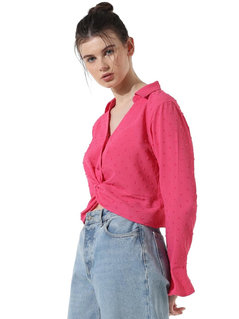 ONLY Women Self Design Polyester Crop Length Pink Shirt - Image 5