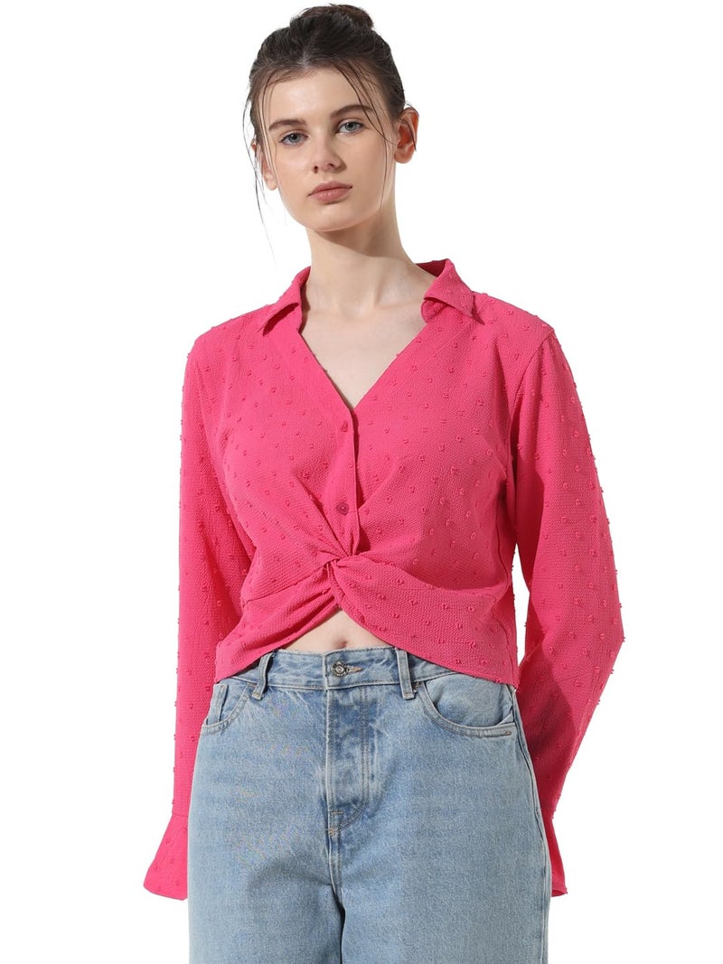 ONLY Women Self Design Polyester Crop Length Pink Shirt - Image 3