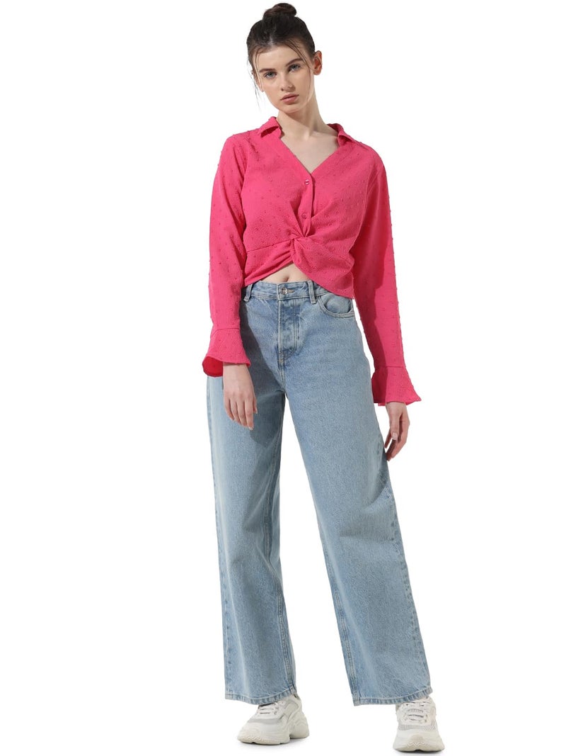 ONLY Women Self Design Polyester Crop Length Pink Shirt - Image 1