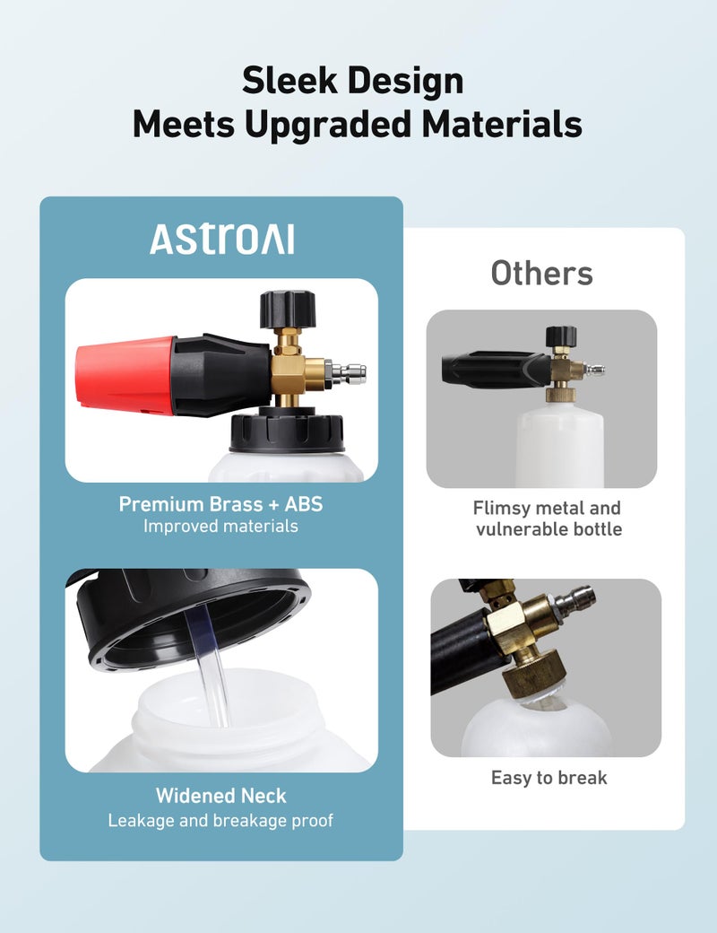 AstroAI Foam Cannon, Heavy Duty Car Foam Blaster Wide Neck Adjustable Snow Foam Lance and Thick Foam for Pressure Washer with 1/4" Quick Connector,1L Bottle & 5 Nozzles - Image 2