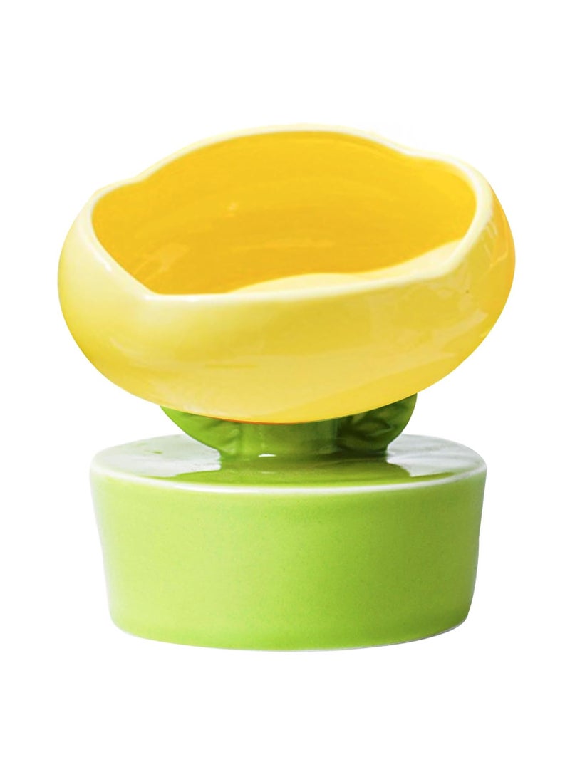 Ceramic Elevated Cat Bowl, Wide Shallow Cat Food Tray for Food and Water, Anti-Vomiting, Protect Pet's Spine, Suitable Height for Cats, Cute Indoor Cat Bowl (Yellow) - Image 1