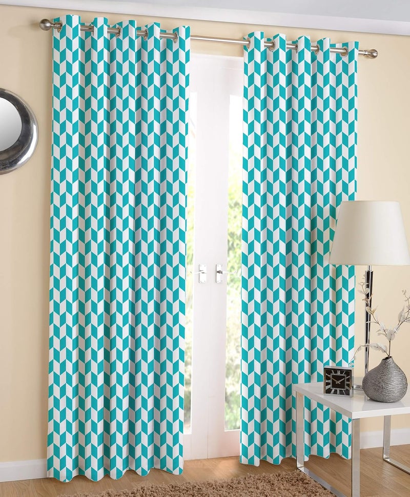 Airwill Sea Blue Geometric Pattern Cotton Classic Diamond Sea Blue Designed Long Door Curtains 4x9ft Pack of 2 Pieces - Image 1