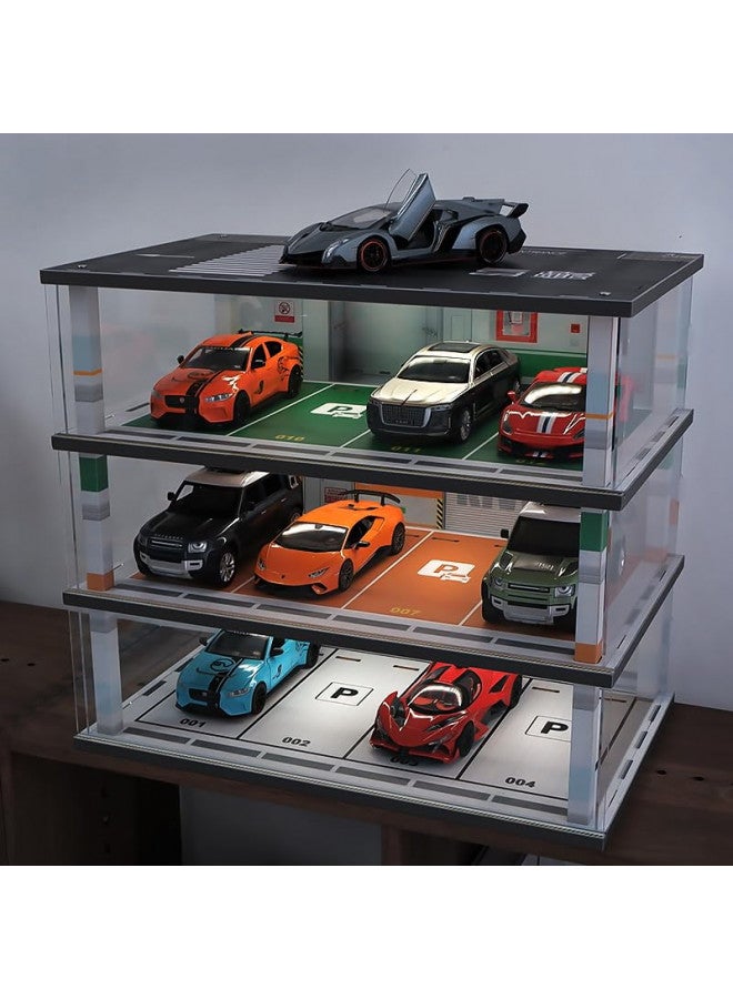 kivcmds kivcmds Model Car Display Case 1:24 Scale Diecast Diorama Garage with Lights for Lego Alloy Car Collectibles Wood Storage Shelf,3 Tiers of 12 Parking Spaces  - Image 2