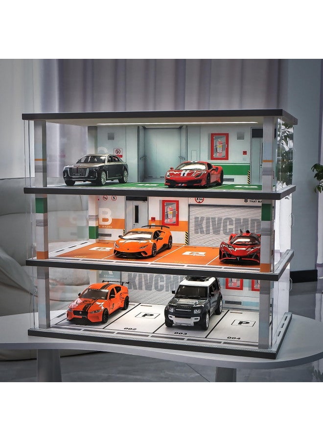 kivcmds kivcmds Model Car Display Case 1:24 Scale Diecast Diorama Garage with Lights for Lego Alloy Car Collectibles Wood Storage Shelf,3 Tiers of 12 Parking Spaces  - Image 1