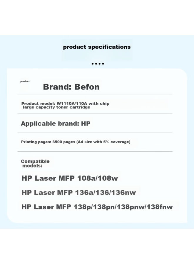 Befon Compatible With Hp Hp136w Toner Cartridge, W1110a Refillable Toner Cartridge, For Hp 136a 136wm 136nw 108w 108a 138pnw Printers With Chip - Image 2