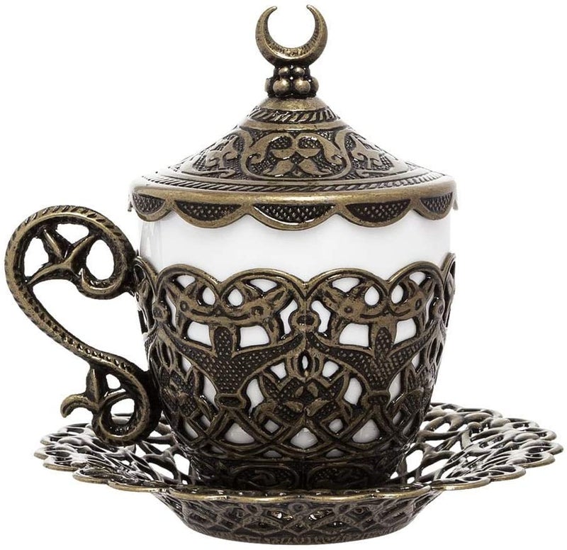 Alisveristime (1 Pc Turkish Coffee Cup - Traditional Design with Crescent Motif, Porcelain Cup and Saucer for Turkish, Greek, Arabic Coffee and Espresso (Gelincik) (Antique Green) - Image 1