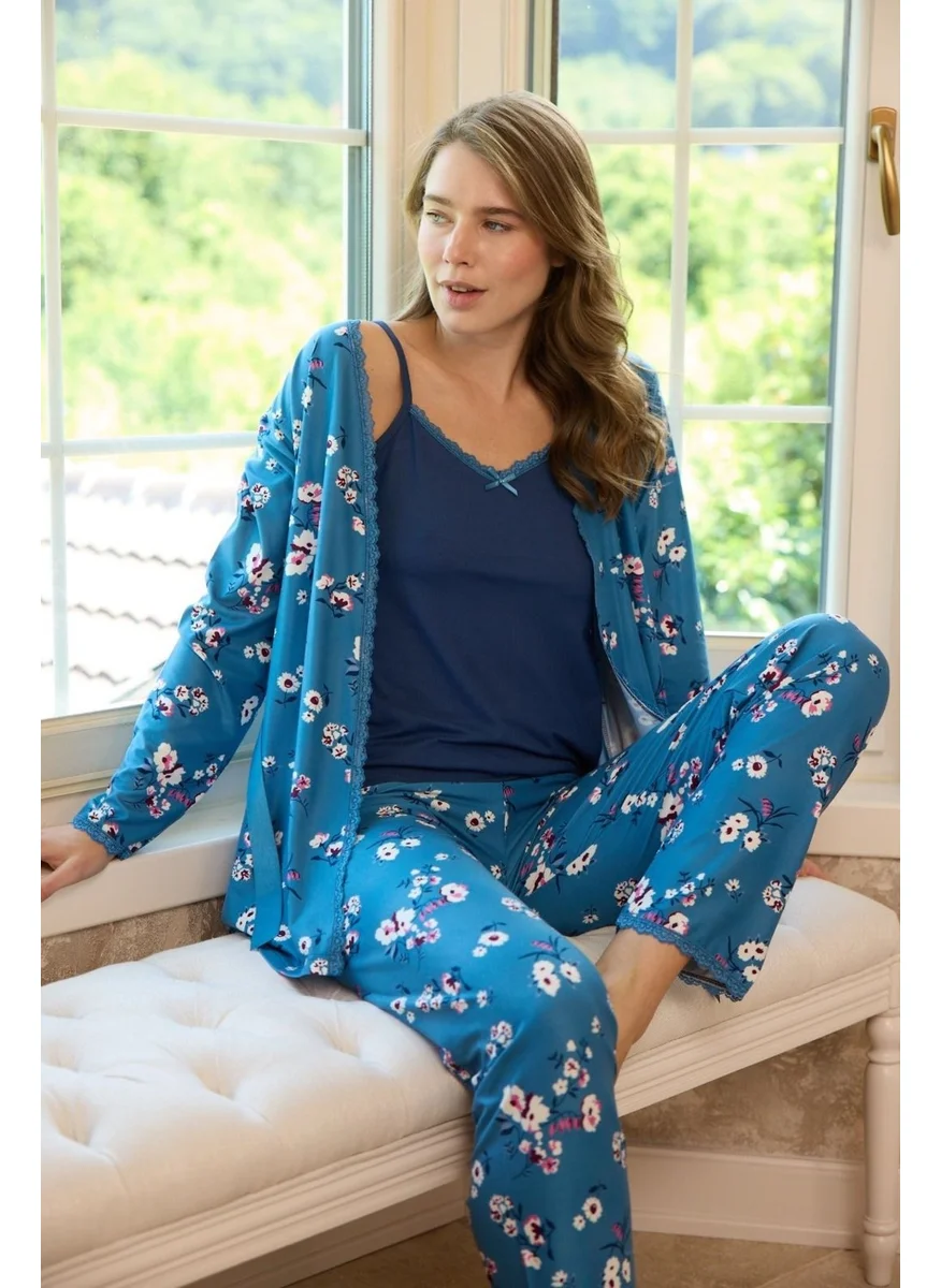 Bie'S Women's Floral Pattern Rope Strap Thin Lace Detailed Dressing Gown 3-Piece Long Sleeve Pajama Set-Dowry Set