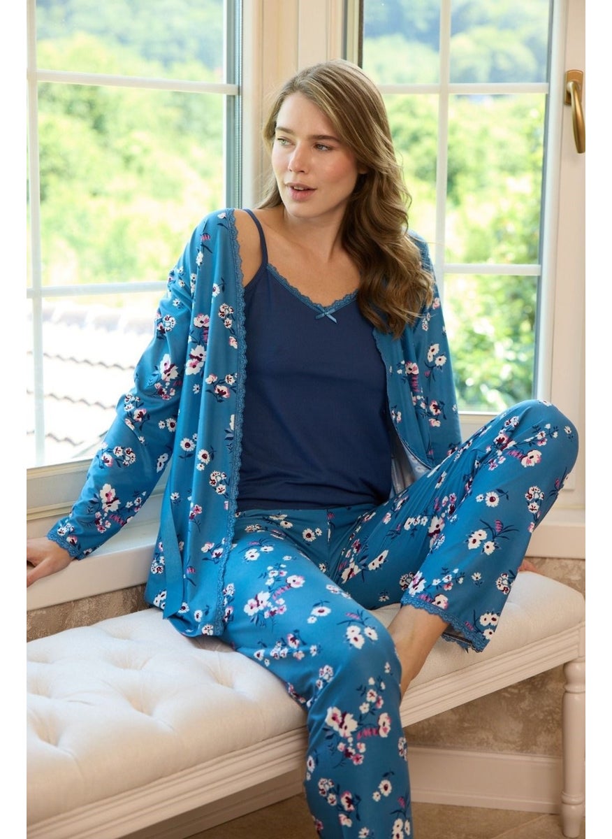 Bie's Women's Floral Pattern Rope Strap Thin Lace Detailed Dressing Gown 3-Piece Long Sleeve Pajama Set-Dowry Set 