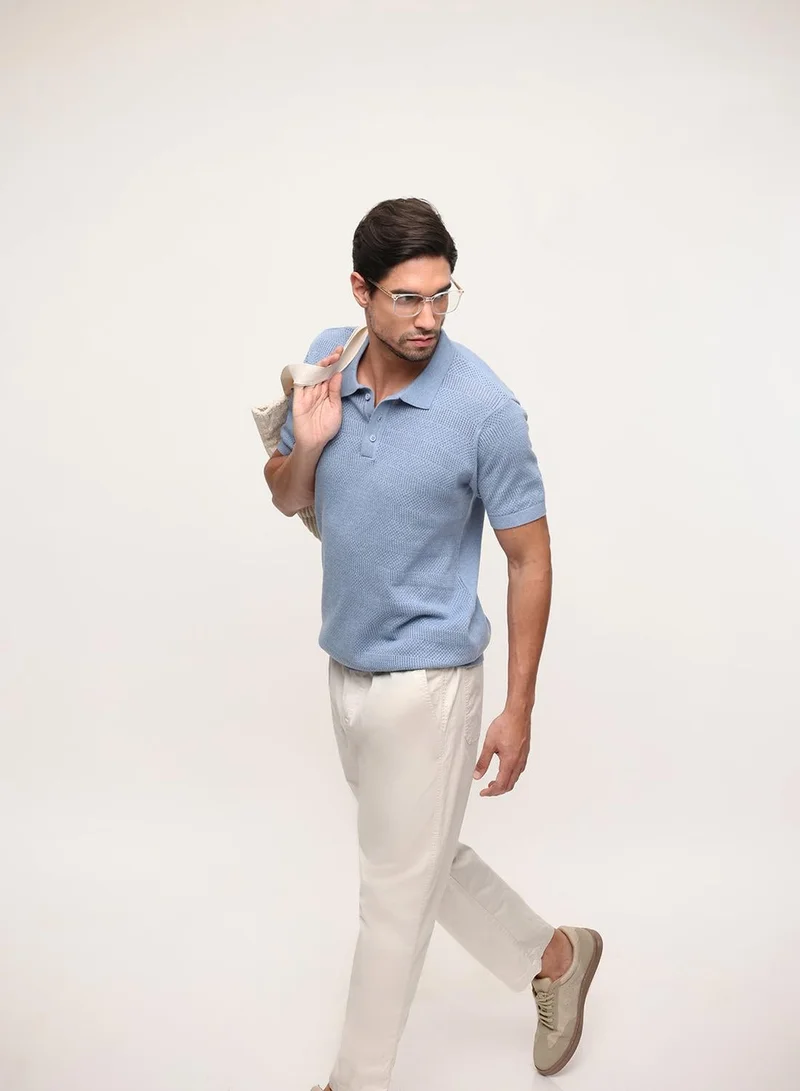 Dennis Lingo Blue 100% Cotton Textured Relaxed Polo T-Shirt For Men