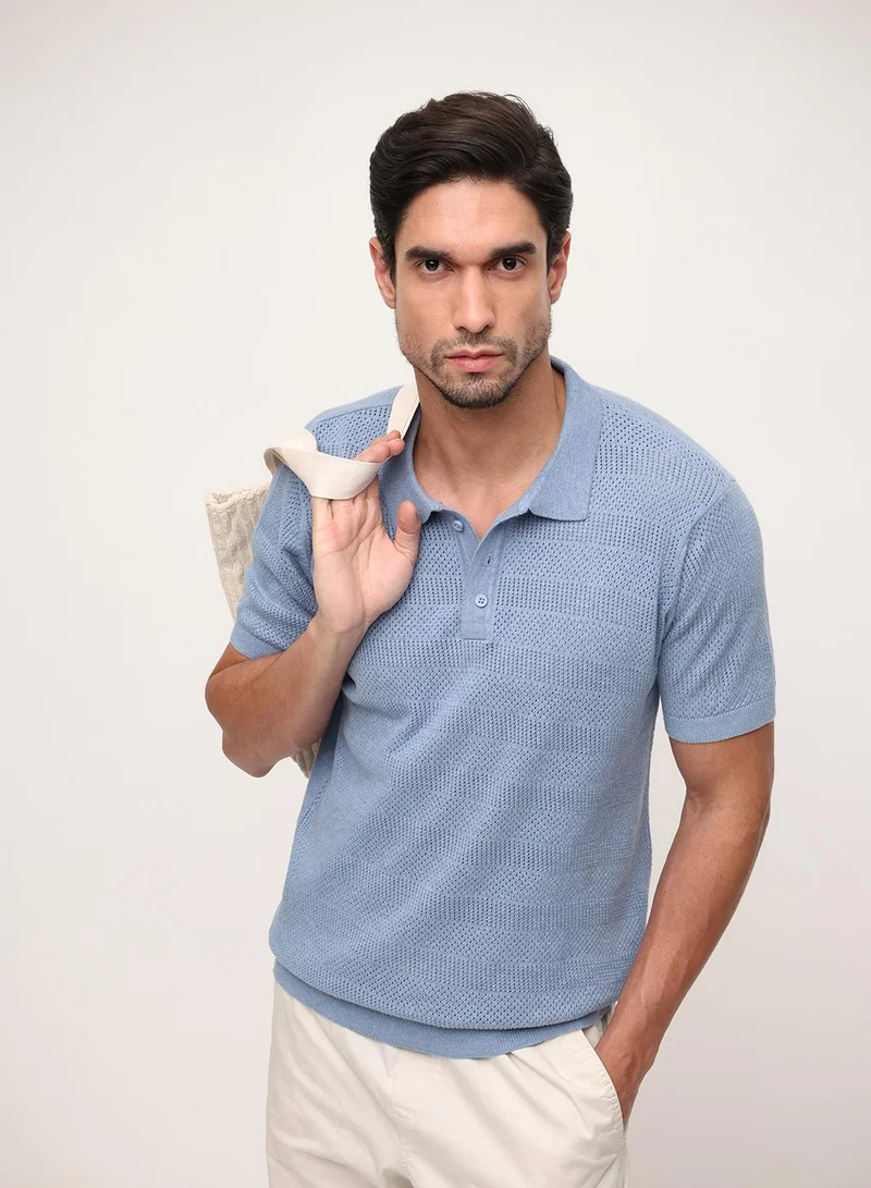 Dennis Lingo Blue 100% Cotton Textured Relaxed Polo T-Shirt For Men