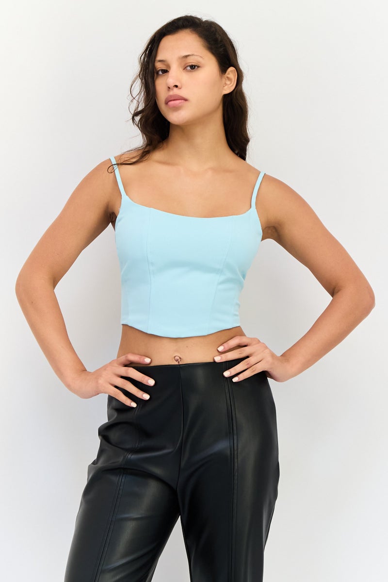 Reserved Women Square Neck Sleeveless Plain Crop Tank Top, Light Turquoise - Image 1
