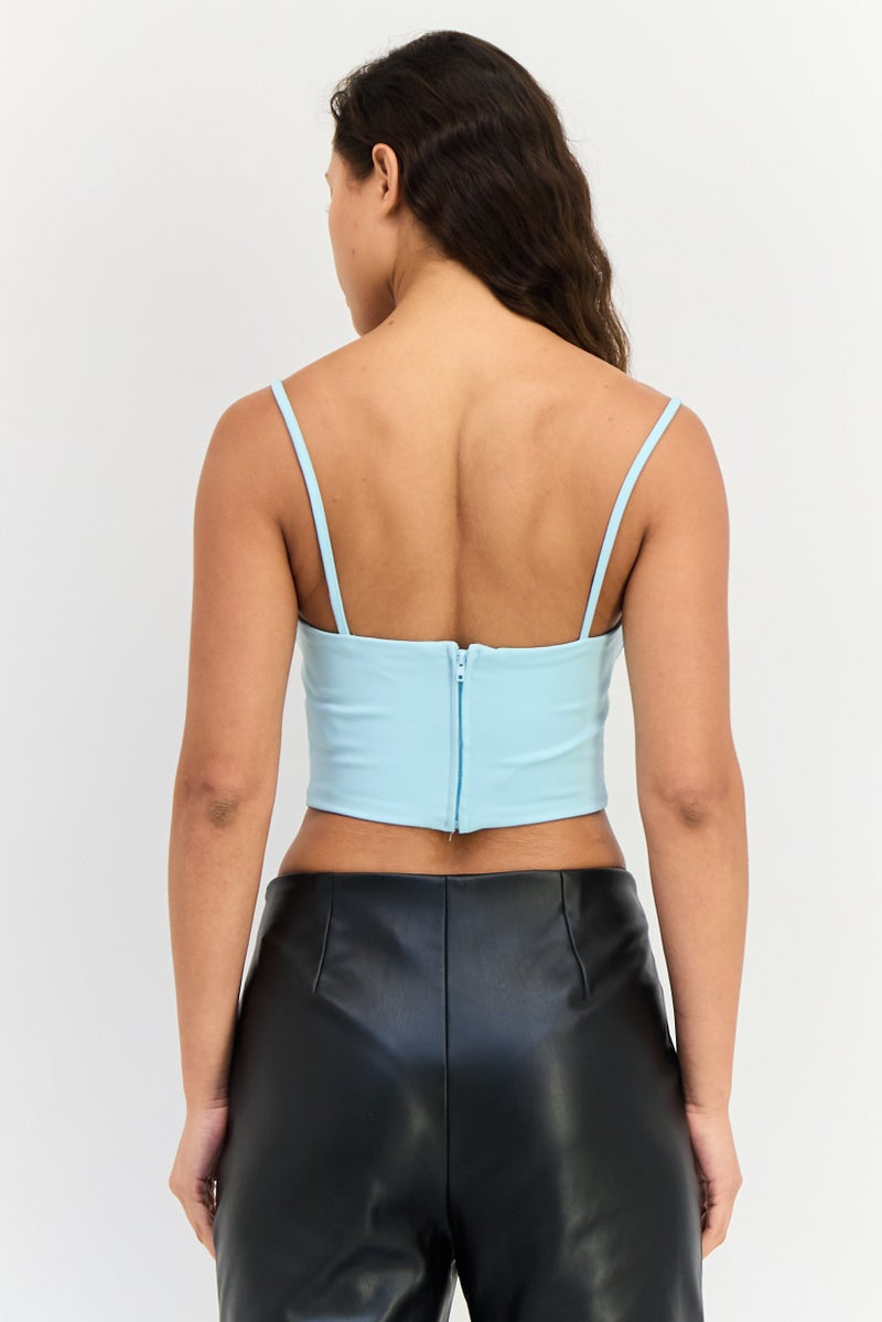 Reserved Women Square Neck Sleeveless Plain Crop Tank Top, Light Turquoise - Image 2