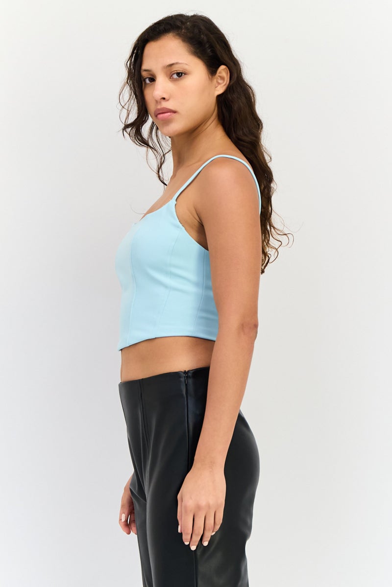 Reserved Women Square Neck Sleeveless Plain Crop Tank Top, Light Turquoise - Image 4