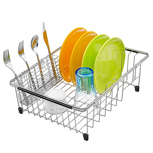 iPEGTOP Expandable Dish Drying Rack in Sink or Over Sink Rustproof Stainless Steel Dish Drying Rack Basket Shelf Multifunctional Dish Drainer Inside Sink Organizer with Utensil Cutlery Holder