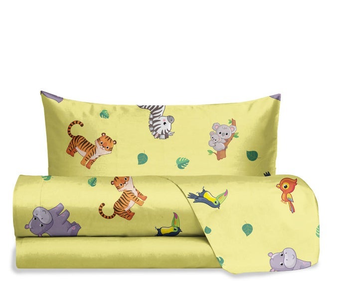 JOLLY JUNGLE SINGLE BED SHEET SET 100 COTTON TOP SHEET FITTED SHEET PILLOWCASE BEDDING SET WITH NURSERY DESIGN