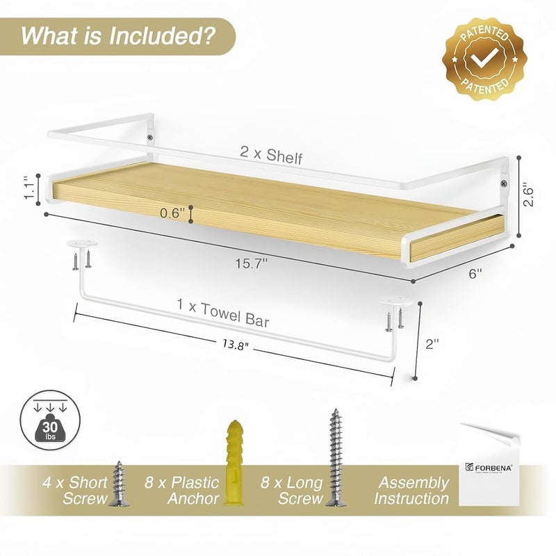 Forbena Floating Shelves for Wall with Rail, White and Natural Wood Nursery Book Shelves for Baby Girls Boys Kids Room Bedroom, Hanging Bookshelves Wall Mounted for Books, Toys, Bathroom (Set of 2) - Image 3