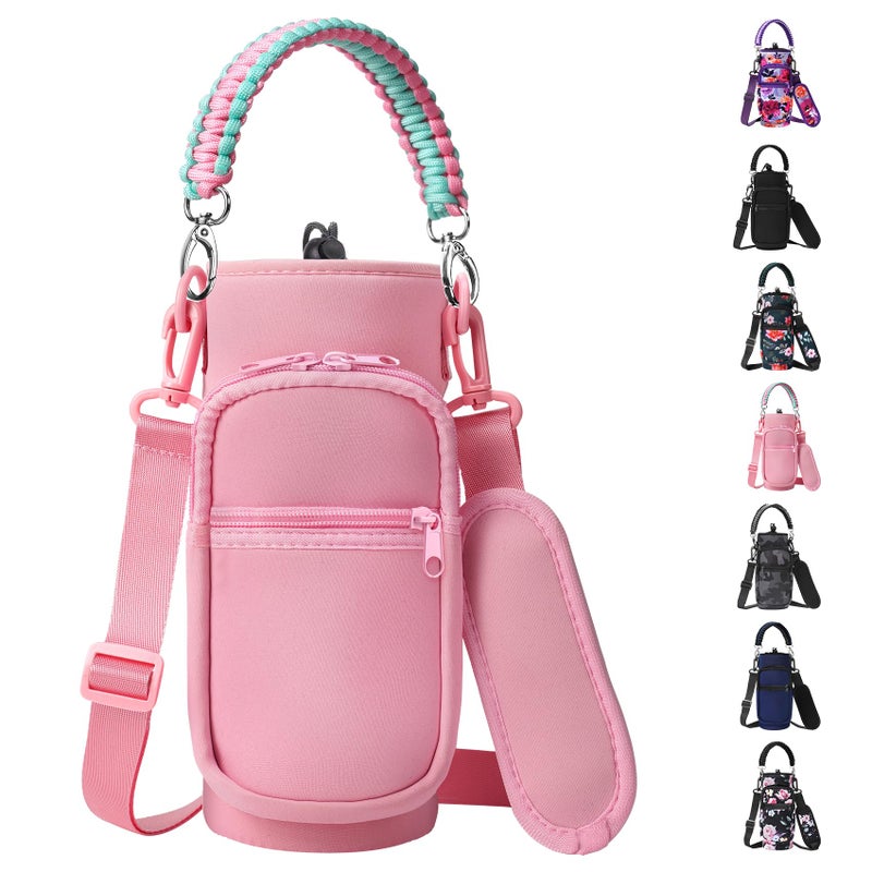 AceTreker 32 oz & 40 oz Insulated Flask Sling Bag with Strap, Sport Bottle Sleeve & Pocket, Paracord Handle - Pink - Image 1