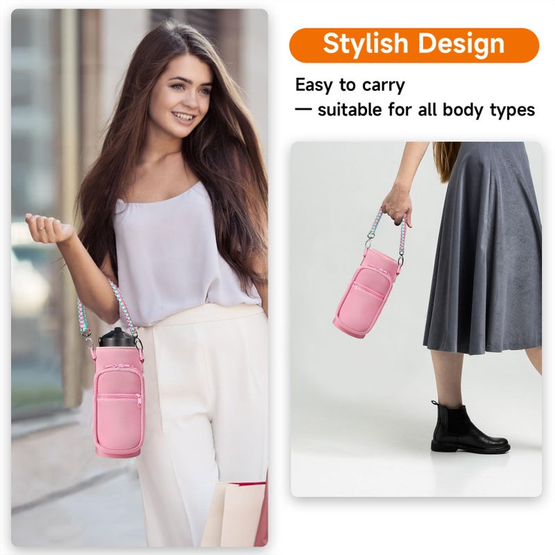 AceTreker 32 oz & 40 oz Insulated Flask Sling Bag with Strap, Sport Bottle Sleeve & Pocket, Paracord Handle - Pink - Image 3