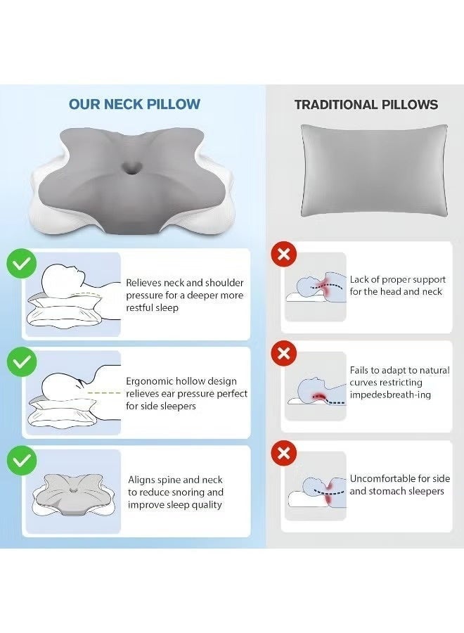 وسادة طبية للرقبة من رغوة الذاكرة (Memory Foam) – وسادة مريحة ومصممة هندسياً لدعم الرقبة مع تقنية التبريد، وتصميم انسيابي على شكل فراشة، ورغوة ذاكرة بطيئة الارتداد؛ وسادة سرير لتخفيف الضغط تناسب من ينامون على الجانب أو الظهر أو البطن. - Image 5