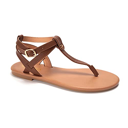 Colgo Thong Flat Sandals, Casual T Strap Dress Sandals, Adjustable Ankle Buckle Dress Thong Sandals with Strappy for Women Summer Wedding (Brown/Sdl,8.5) - Image 1