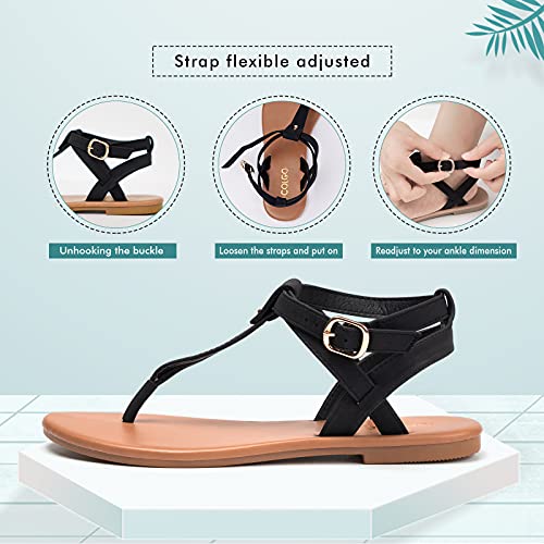 Colgo Thong Flat Sandals, Casual T Strap Dress Sandals, Adjustable Ankle Buckle Dress Thong Sandals with Strappy for Women Summer Wedding (Brown/Sdl,8.5) - Image 2