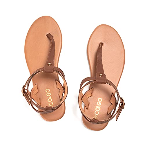 Colgo Thong Flat Sandals, Casual T Strap Dress Sandals, Adjustable Ankle Buckle Dress Thong Sandals with Strappy for Women Summer Wedding (Brown/Sdl,8.5) - Image 4