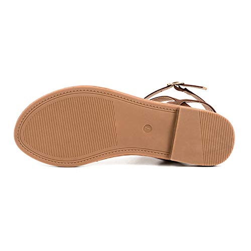 Colgo Thong Flat Sandals, Casual T Strap Dress Sandals, Adjustable Ankle Buckle Dress Thong Sandals with Strappy for Women Summer Wedding (Brown/Sdl,8.5) - Image 5