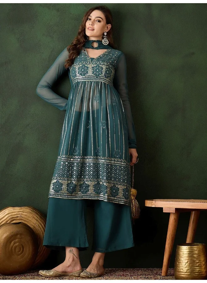 أيه كيه إس Teal Green Nyra Cut Sequinned Kurta Set