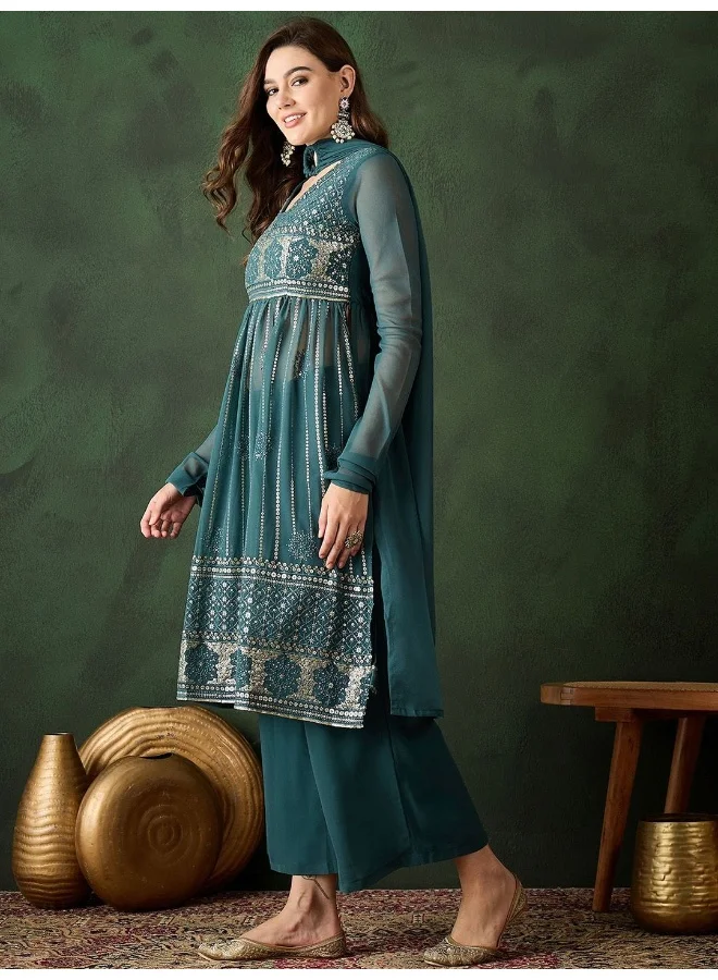 AKS  Teal Green Nyra Cut Sequinned Kurta Set for Women | Best Price UAE